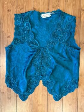 Rare 1980s Victoria’s Secret Gold Label Vintage Turquoise Blue Button Lace Vest